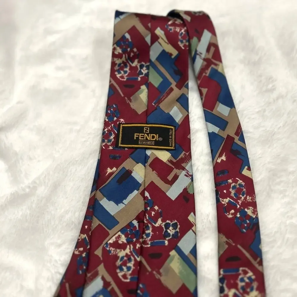 Fendi Vintage 90s Silk Tie Abstract Geometric Made in Italy Authenticated